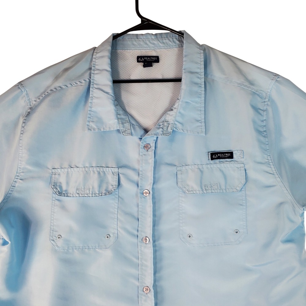 Realtree Fishing Mens XXL Light Blue Short Sleeve Button Down Performance Shirt